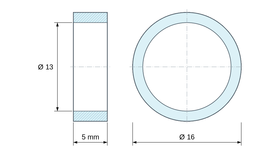 Plano acotado: Separador liso de acero inoxidable Ø13x16mm para tornillo M12