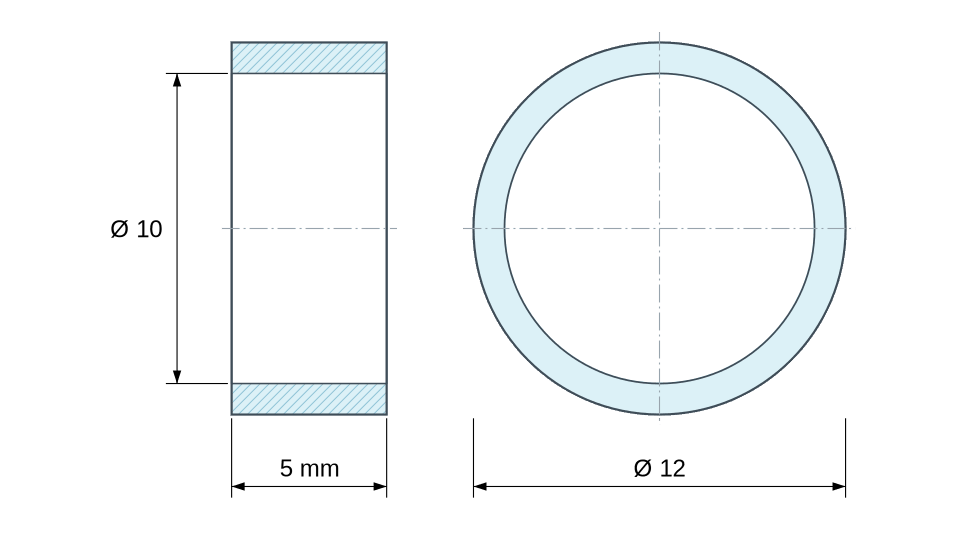 Plano acotado: Separador liso de aluminio Ø10x12mm para tornillo M10