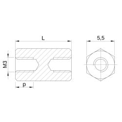 Entretoise hexagonale filetée femelle/femelle laiton nickelé M3 - 5,5 mm sur plats