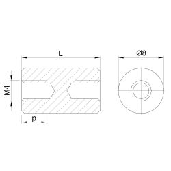 Entretoise ronde filetée femelle/femelle plastique polyamide renforcé M4 - Ø8 mm
