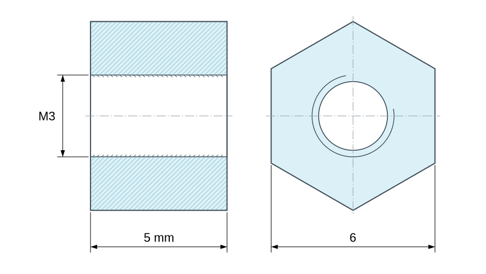 Plano acotado Distanciador hexagonal roscado hembra/hembra acero cincado M3 - 6 mm entre caras