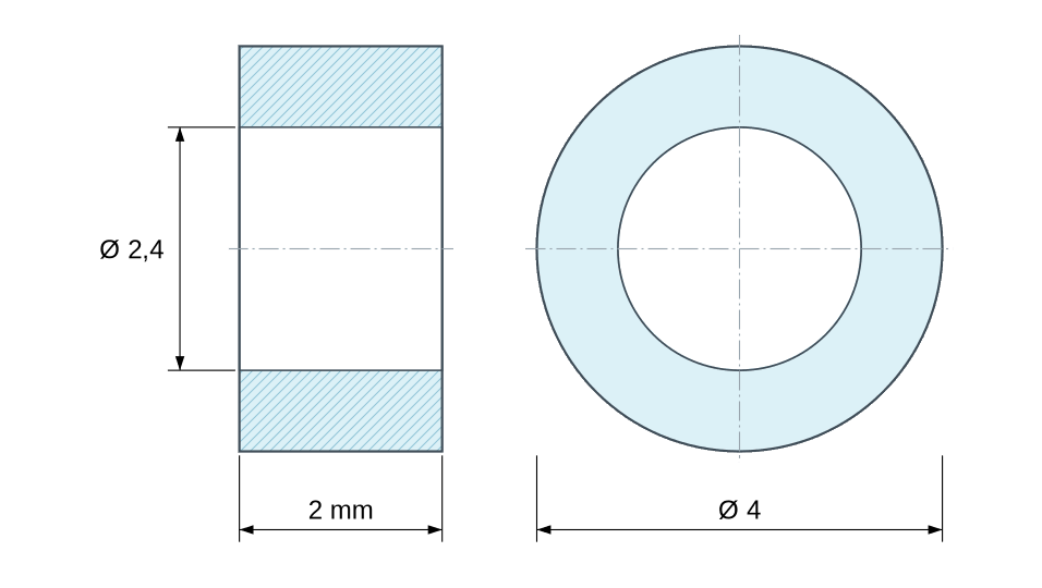 Plano acotado: Separador liso de aluminio Ø2,4x4mm para tornillo M2