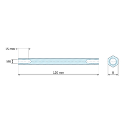 Plano acotado 120 mm, Distanciador hexagonal roscado hembra/hembra acero cincado M6 - 8 mm entre caras