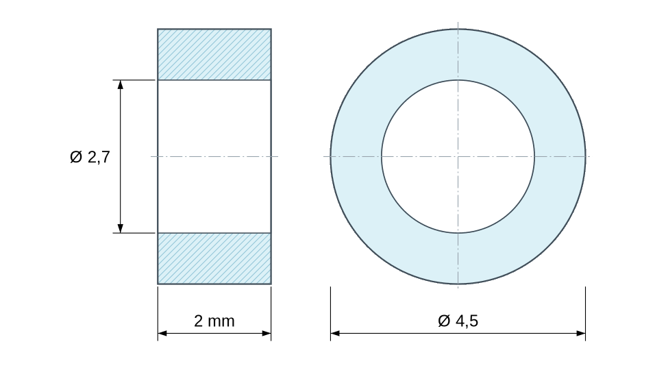Plano acotado: Separador liso de aluminio Ø2,7x4,5mm para tornillo M2,5