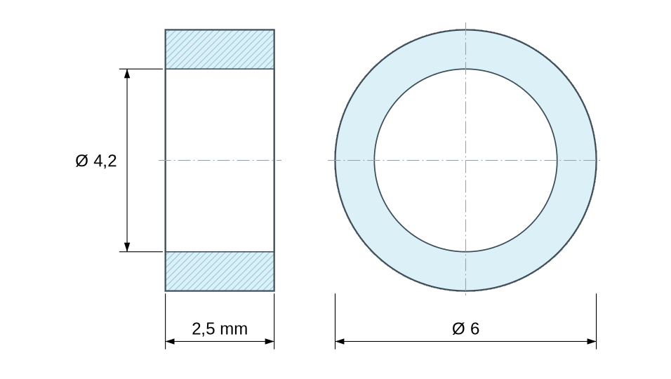Plano acotado: Separador liso de aluminio Ø4,2x6mm para tornillo M4
