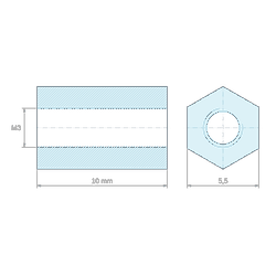 Plano acotado 10 mm, Distanciador hexagonal roscado hembra/hembra aluminio pasivado M3 - 5,5 mm entre caras