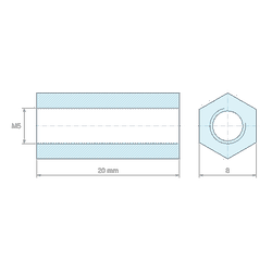 Plano acotado 20 mm, Distanciador hexagonal roscado hembra/hembra aluminio pasivado M5 - 8 mm entre caras