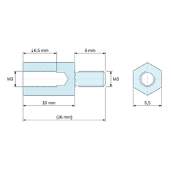 Plano acotado 10 mm / 6 mm, Distanciador hexagonal roscado macho/hembra aluminio pasivado M3 - 5,5 mm entre caras