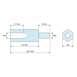 Plano acotado 15 mm / 6 mm, Distanciador hexagonal roscado macho/hembra aluminio pasivado M3 - 5,5 mm entre caras