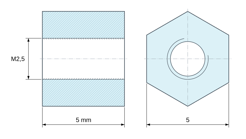 Plano acotado Distanciador hexagonal roscado hembra/hembra acero inoxidable M2,5 - 5 mm entre caras Plano acotado Distanciador hexagonal roscado hembra/hembra acero inoxidable M2,5 - 5 mm entre caras