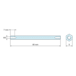 Plano acotado 80 mm, Distanciador hexagonal roscado hembra/hembra acero inoxidable M3 - 5 mm entre caras