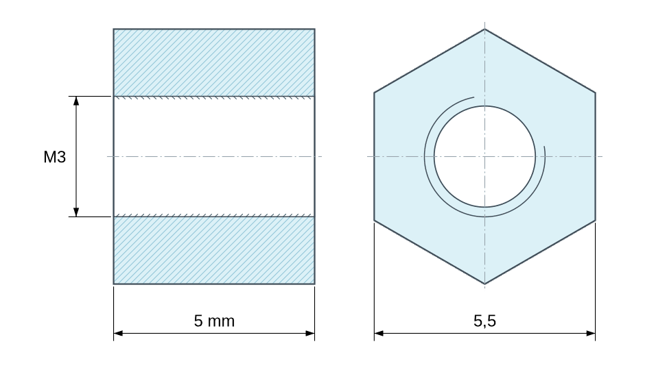 Plano acotado Distanciador hexagonal roscado hembra/hembra acero inoxidable M3 - 5,5 mm entre caras