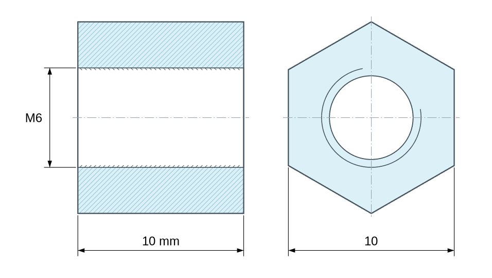 Plano acotado Distanciador hexagonal roscado hembra/hembra acero inoxidable M6 - 10 mm entre caras