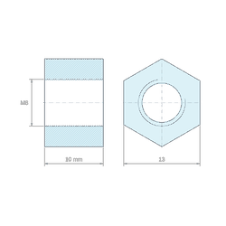Plano acotado 10 mm, Distanciador hexagonal roscado hembra/hembra acero inoxidable M8 - 13 mm entre caras