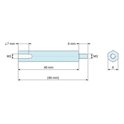Plano acotado 40 mm / 6 mm, Distanciador hexagonal roscado macho/hembra acero inoxidable M3 - 6 mm entre caras