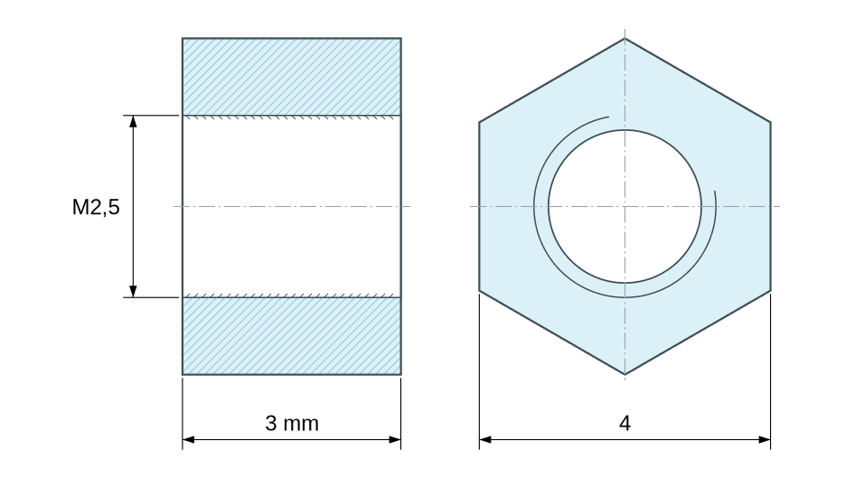 Plano acotado Distanciador hexagonal roscado hembra/hembra latón niquelado con plomo M2,5 - 4 mm entre caras