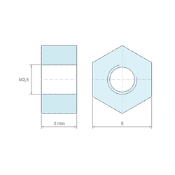 Plano acotado 3 mm, Distanciador hexagonal roscado hembra/hembra latón niquelado con plomo M2,5 - 5 mm entre caras