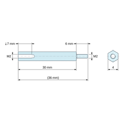 Plano acotado 30 mm / 6 mm, Distanciador hexagonal roscado macho/hembra latón niquelado con plomo M2 - 4 mm entre caras