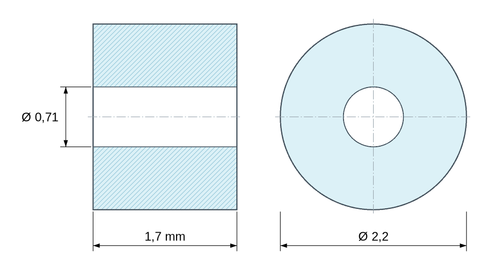 Plano acotado separador plástico poliamida PA6 blanco Ø0,71x2,2 mm
