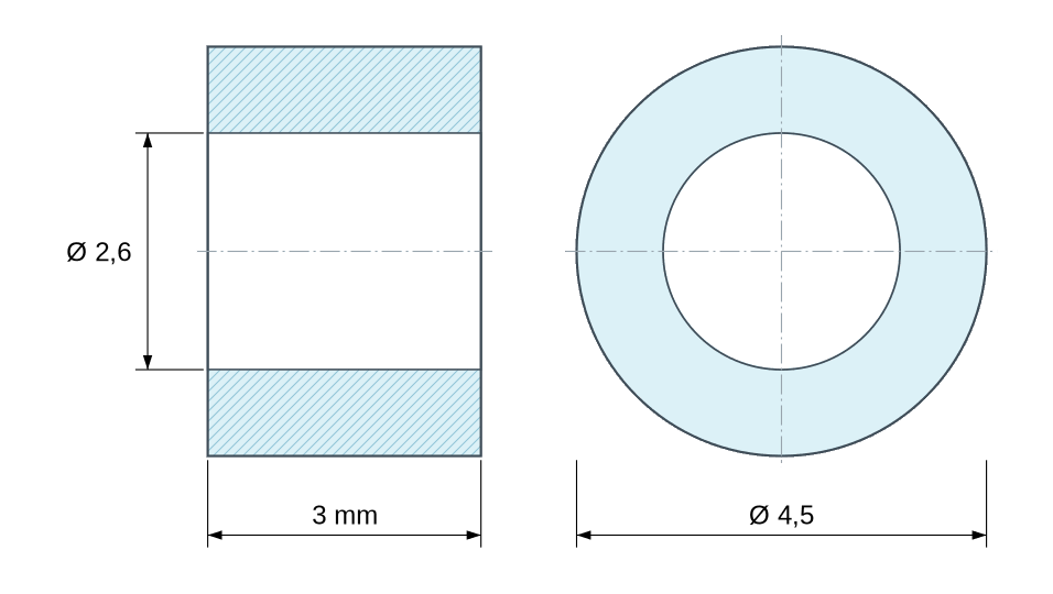 Plano acotado: Separador liso de latón niquelado Ø2,6x4,5mm para tornillo M2,5