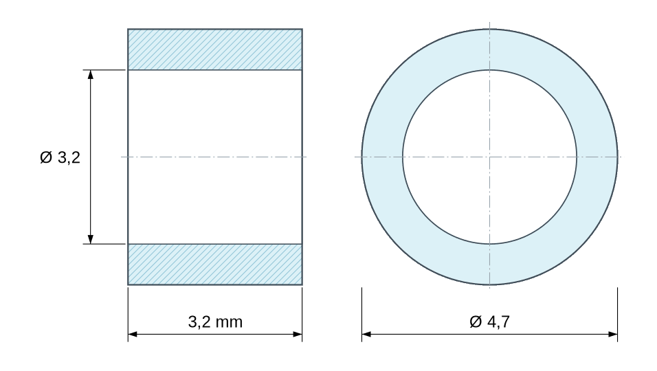 Plano acotado separador plástico poliamida PA6 blanco Ø3,2x4,7 mm