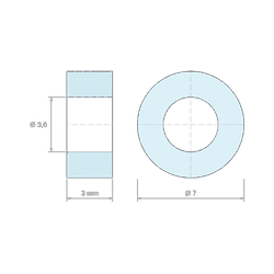 Plano acotado 3 mm, Distanciador liso plástico policarbonato gris Ø3,6x7mm para tornillo M3,5