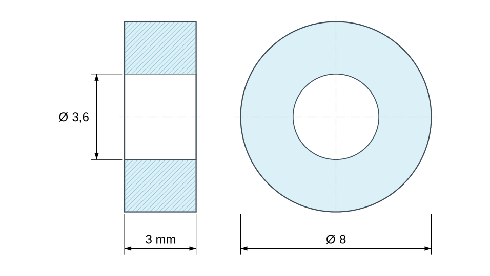 Plano acotado separador plástico poliamida PA6.6 natural Ø3,6x8 mm
