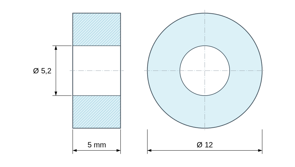 Plano acotado separador plástico poliamida reforzada Ø5,2x12 mm