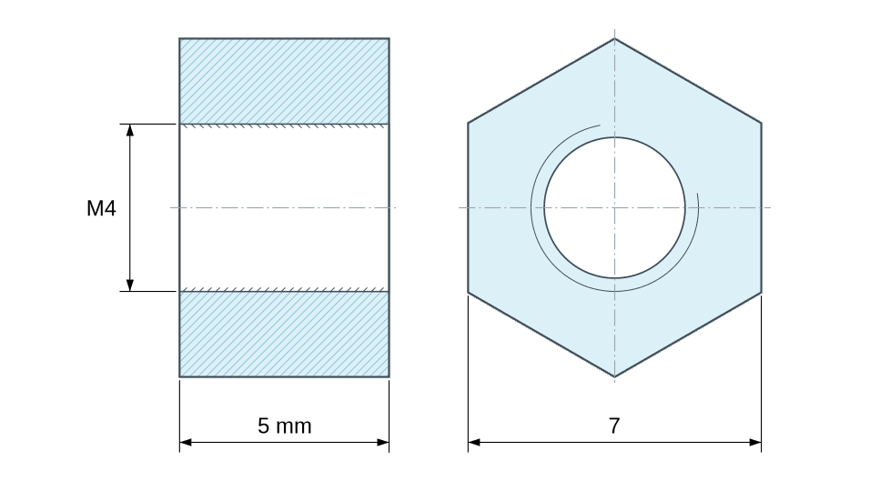 Plano acotado: Espaciador hexagonal roscado hembra/hembra acero cincado M4