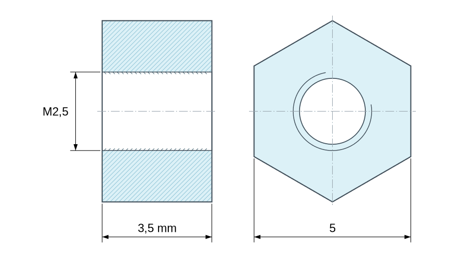 Plano acotado Distanciador hexagonal roscado hembra/hembra plástico poliamida PA6 reforzada con fibra de vidrio M2,5 - 5 mm entre caras Plano acotado Distanciador hexagonal roscado hembra/hembra plástico poliamida PA6 reforzada con fibra de vidrio M2,5 - 5 mm entre caras