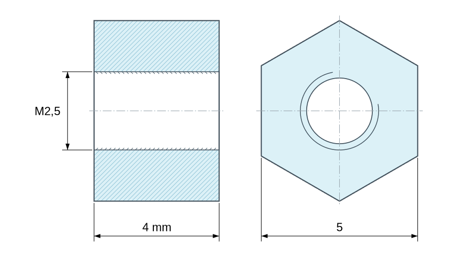 Plano acotado Distanciador hexagonal roscado hembra/hembra plástico poliamida PA6.6 reforzada con fibra de vidrio marrón M2,5 - 5 mm entre caras