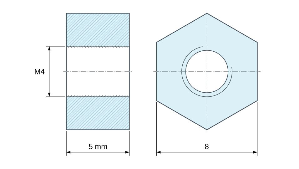 Plano acotado Distanciador hexagonal roscado hembra/hembra plástico poliamida PA6 reforzada con fibra de vidrio M4 - 8 mm entre caras
