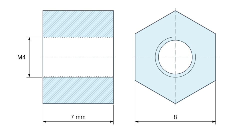 Plano acotado Distanciador hexagonal roscado hembra/hembra plástico poliamida PA6.6 reforzada con fibra de vidrio marrón M4 - 8 mm entre caras