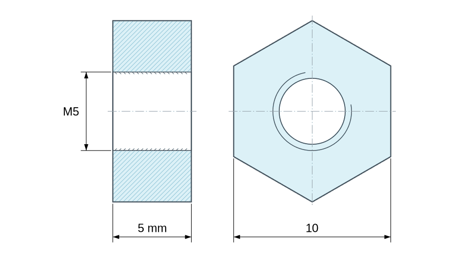 Plano acotado Distanciador hexagonal roscado hembra/hembra plástico poliamida PA6 reforzada con fibra de vidrio M5 - 10 mm entre caras