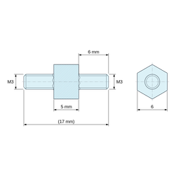 Plano acotado 5 mm / 6 mm, Distanciador hexagonal roscado macho/macho plástico poliamida PA6.6 M3 - 6 mm entre caras