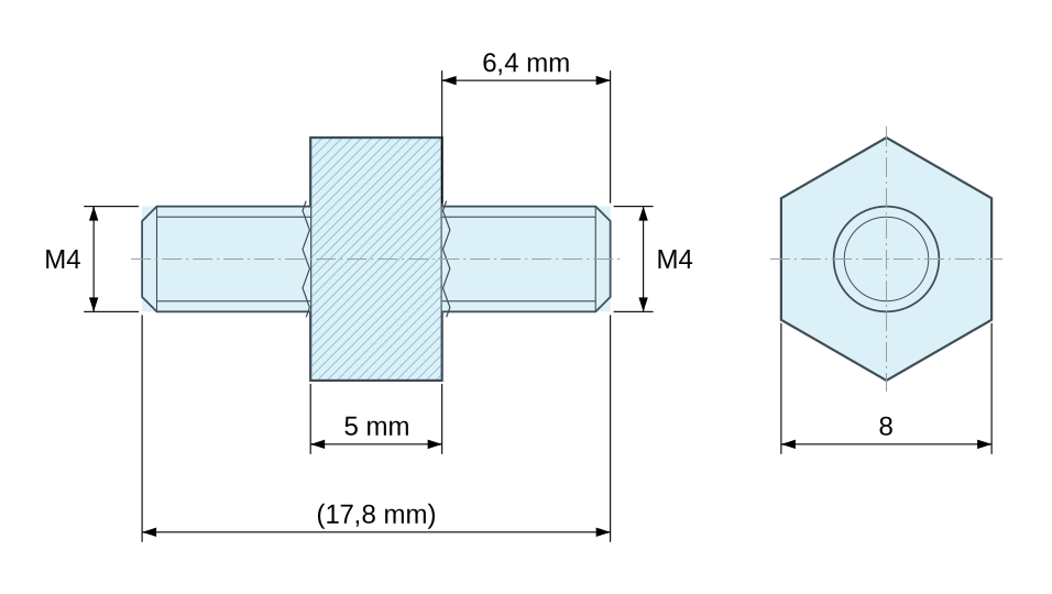 Plano acotado Distanciador hexagonal roscado macho/macho plástico poliamida PA6.6 UL94-V2 M4 - 8 mm entre caras