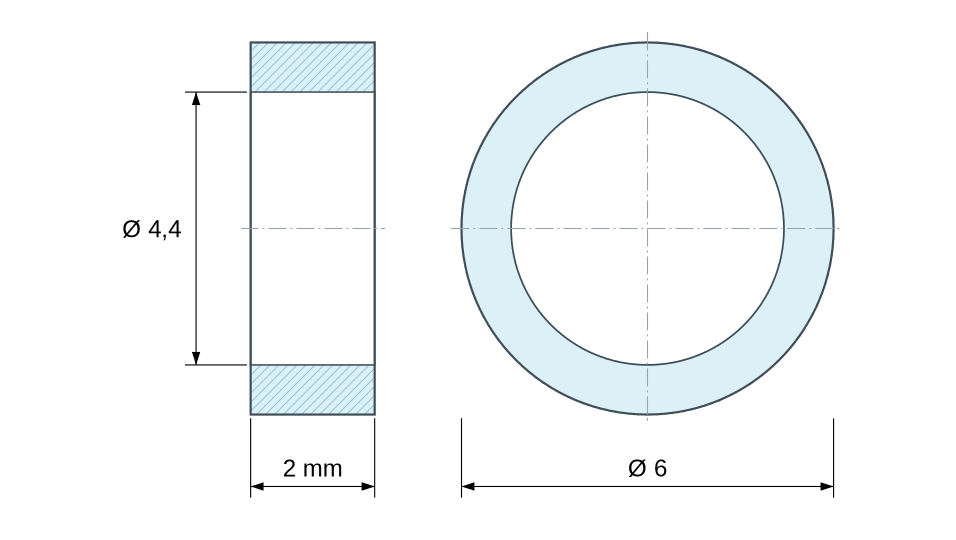 Plano acotado: Separador liso de acero inoxidable Ø4,4x6mm para tornillo M4