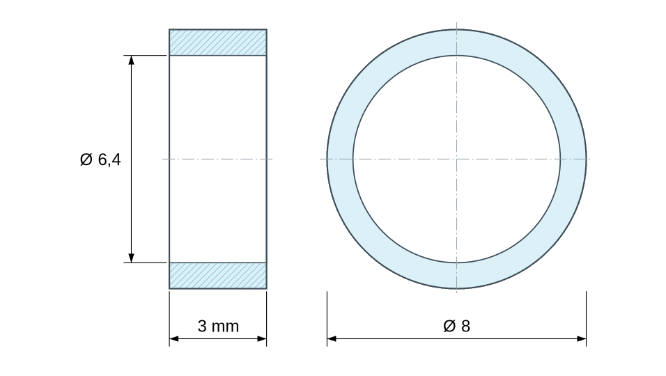 Plano acotado: Separador liso de acero inoxidable Ø6,4x8mm para tornillo M6