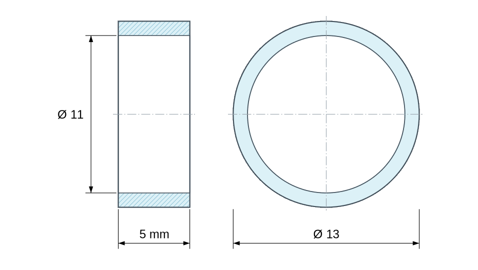Plano acotado: Separador liso de acero inoxidable Ø11x13mm para tornillo M10