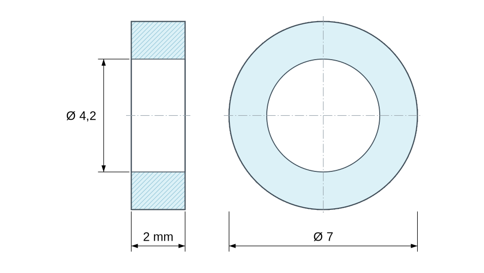 Plano acotado: Separador liso de aluminio Ø4,2x7mm para tornillo M4