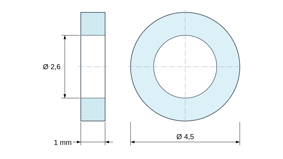 Plano acotado: Separador liso de latón niquelado Ø2,6x4,5mm para tornillo M2,5