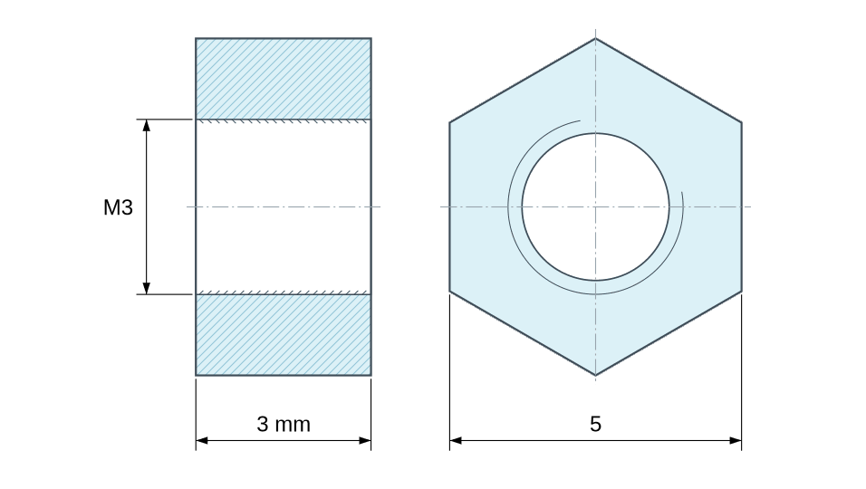 Plano acotado: Espaciador hexagonal roscado hembra/hembra acero cincado M3