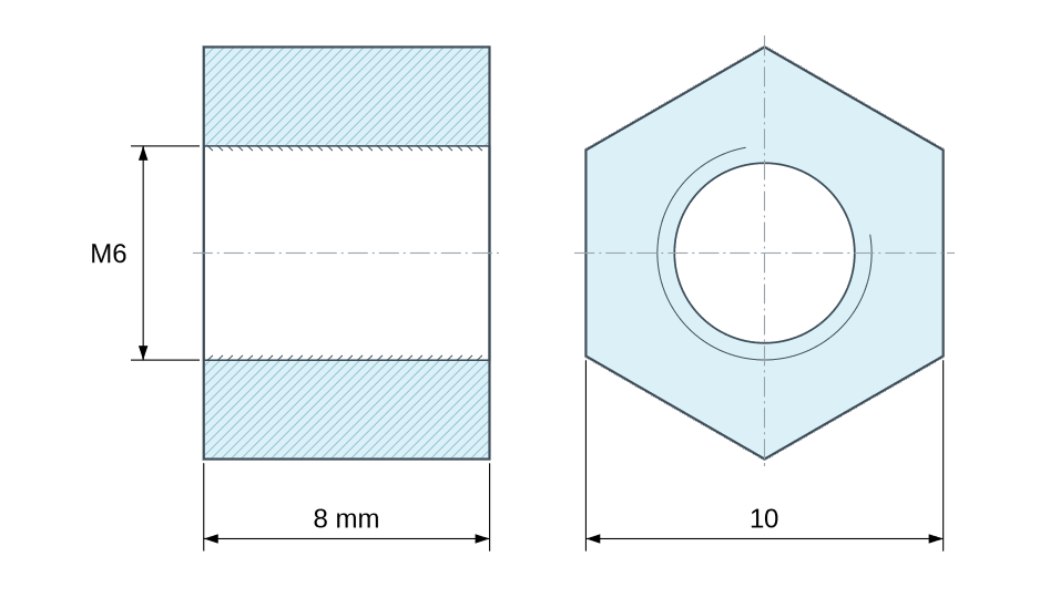 Plano acotado: Espaciador hexagonal roscado hembra/hembra acero cincado M6