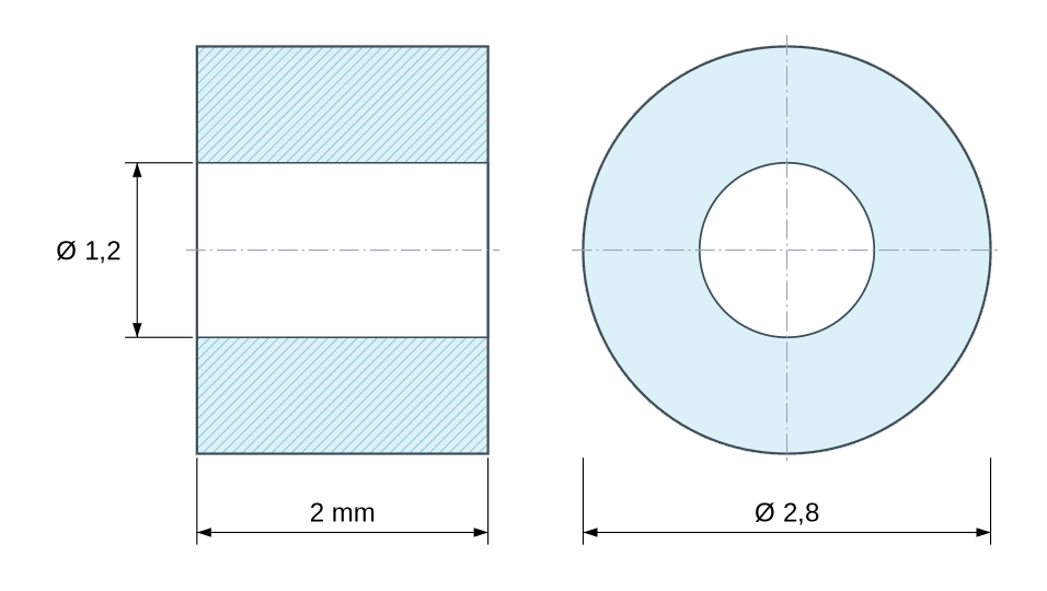 Plano acotado: Distanciador liso de cerámica C221 Ø1,2x2,8mm