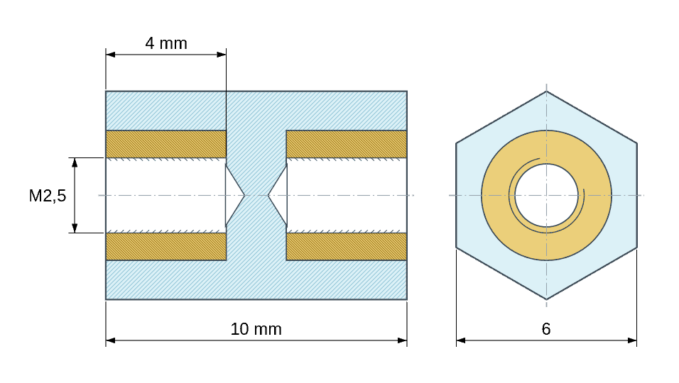 Plano acotado: Distanciador aislante hexagonal roscado hembra/hembra de plástico PA6 con inserto de latón M2,5 - 6 mm entre caras