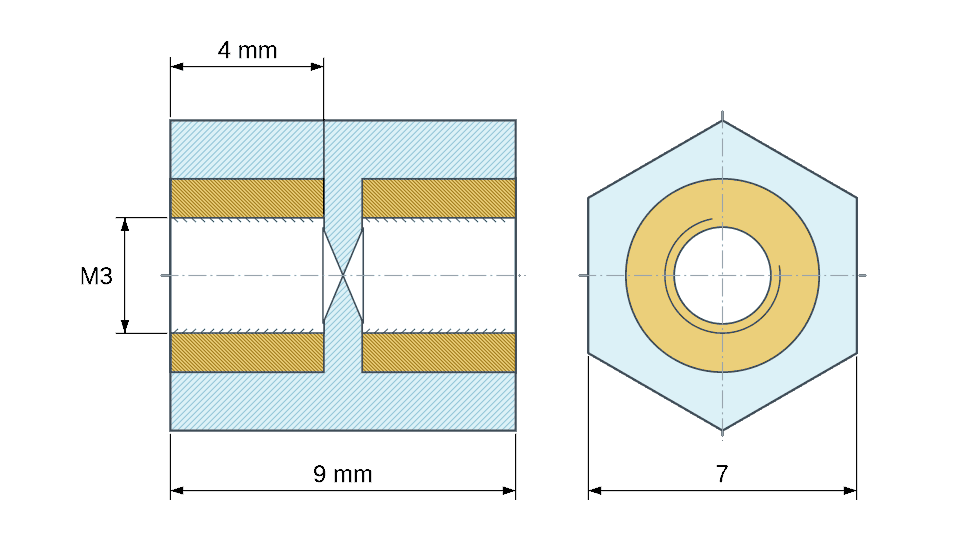 Plano acotado: Distanciador aislante hexagonal roscado hembra/hembra de plástico PA6 con inserto de latón M3 - 7 mm entre caras