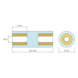 [decl 16.5mm] Entretoise isolante ronde filetée femelle/femelle plastique PA6.6 insert laiton M2,5 - Ø6,5 mm