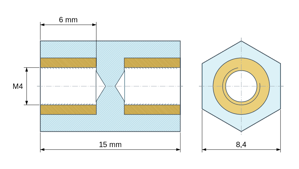 Plano acotado: Distanciador aislante hexagonal roscado hembra/hembra de plástico PA6.6 con inserto de latón M4 - 8,4 mm entre caras