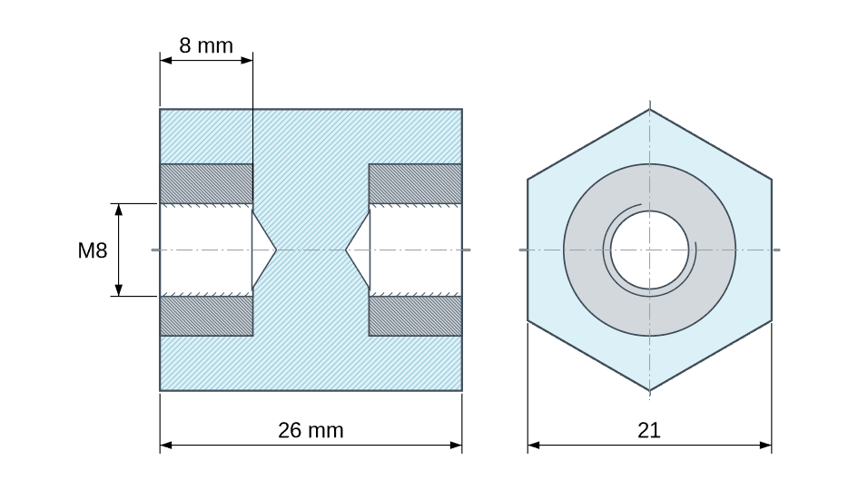 Plano acotado: Distanciador aislante hexagonal roscado hembra/hembra de plástico poliéster con inserto de acero M8 - 21 mm entre caras