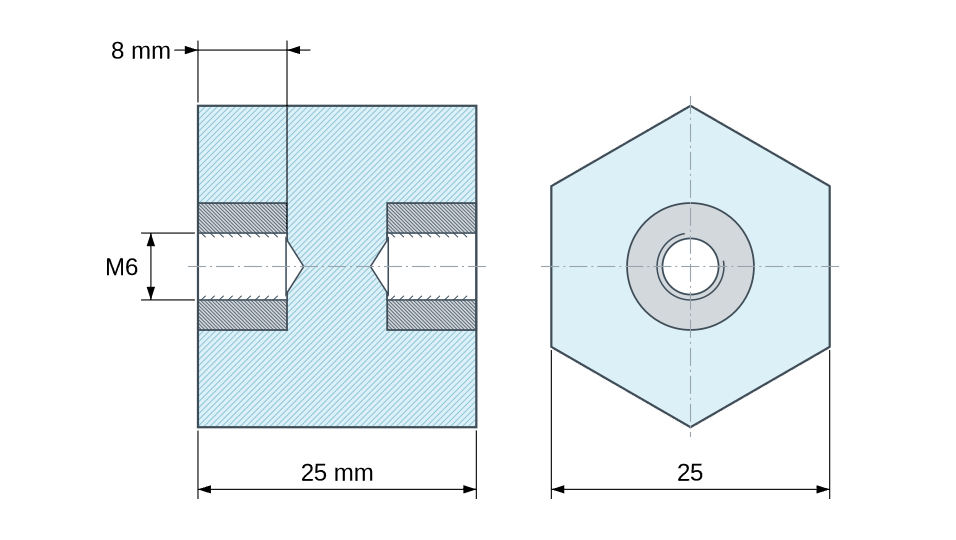 Plano acotado: Distanciador aislante hexagonal roscado hembra/hembra de plástico poliéster con inserto de acero M6 - 25 mm entre caras